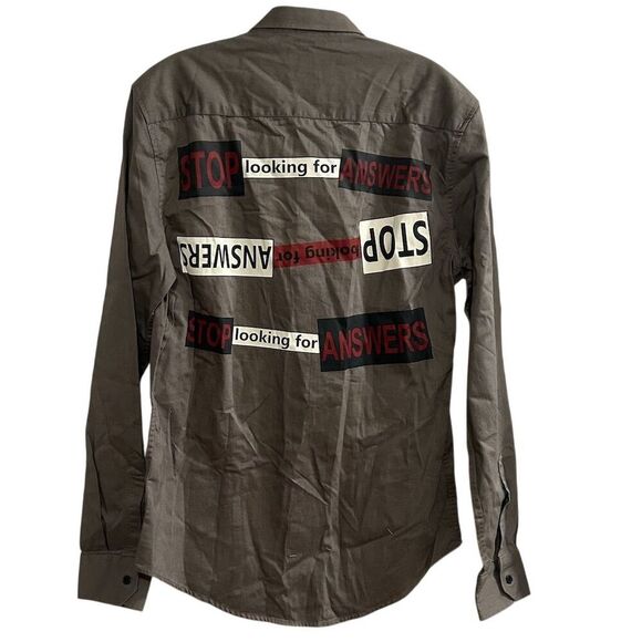 Zara Man Men's M Gray Long Sleeve Button-Up Shirt Stop Looking For Answers - Picture 1 of 16